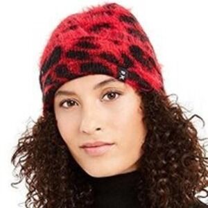 DKNY Fuzzy Animal Print Beanie Pom Hat Red & Black